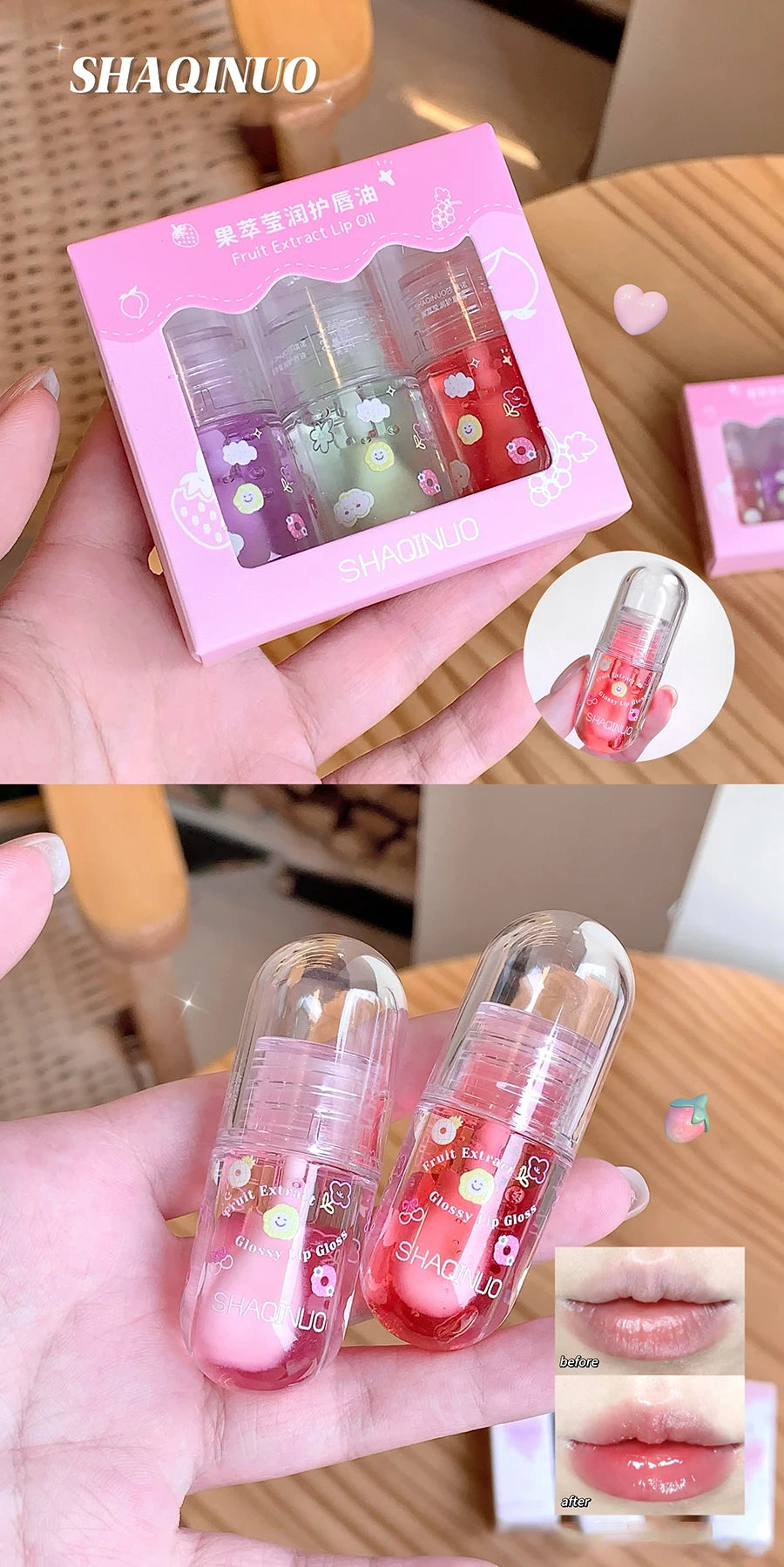 1/3Pcs Fruit Lip Oil Set Transparent Jelly Mirror Water Lip Gloss Nourishing Moisturising Anti-Dry Lips Plumping Makeup Lip Care