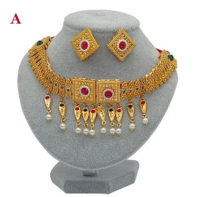 24k Habesha Necklace Earrings Dubai Jewelry sets for Women Saudi Arabia Colored Stone Chokers Rope African Wedding Eritrean Gift