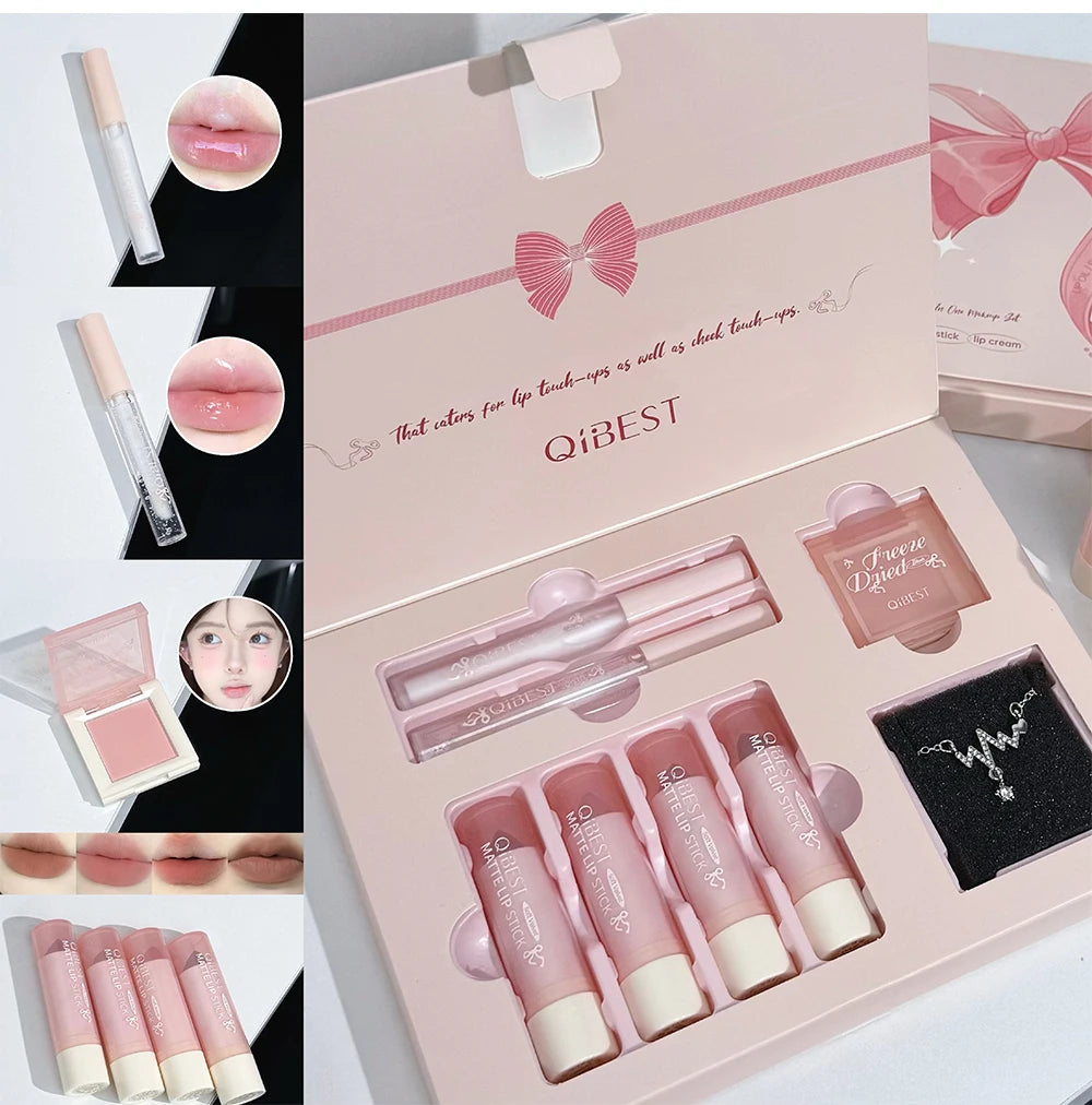 7Pcs/Box Makeup Sets 4PCS Velvet Nude Liquid Lipstick,1 Lip Cream,1 Lip Oil,1 Face Blush Palette And Necklace Gift Cosmetic Kits