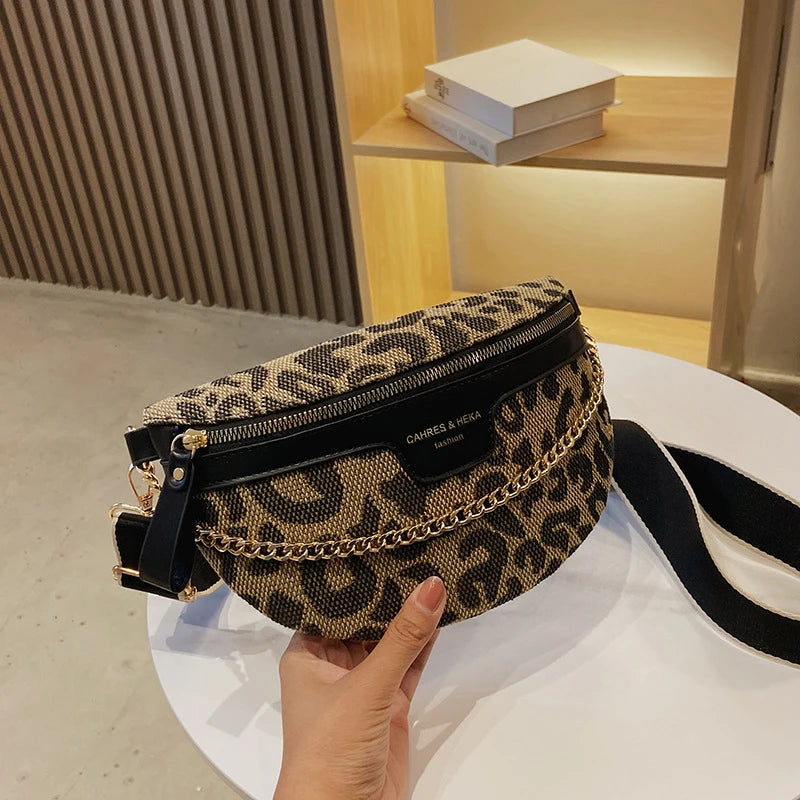 New Fashion Leopard Women Waist Bag Female Phone Purses Ladies Chest Wide Strap Crossbody Shoulder Bags Small Chain Fanny Packs