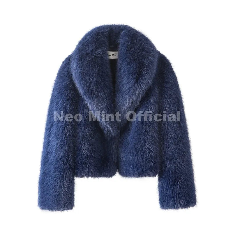 Neo Mint Winter 2025 Trendy Brown Obsession Cropped Shawl Collar Faux Fur Coat Women Jacket Chic Girls Brand Fox Fur Outerwear