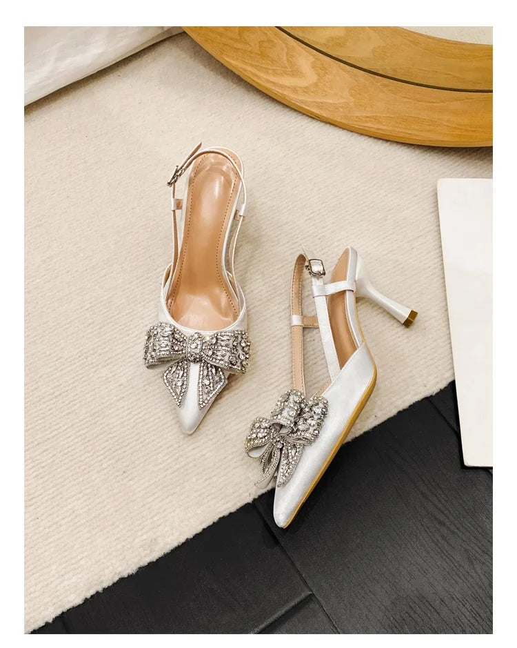 Aneikeh Pointed Toe Women Pumps Designer Crystal Butterfly-knot Elegant Slingbacks Buckle Strap High Heels Wedding Shoes