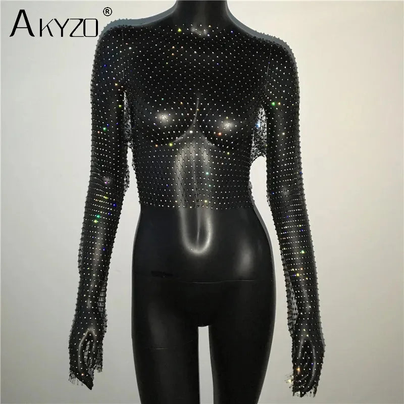 Autumn Women Sexy See Through Fishnet T Shirt Glitter Rhinestone Hollow Mesh Long Sleeve Crop Tops Nightclub Party Festival Top
