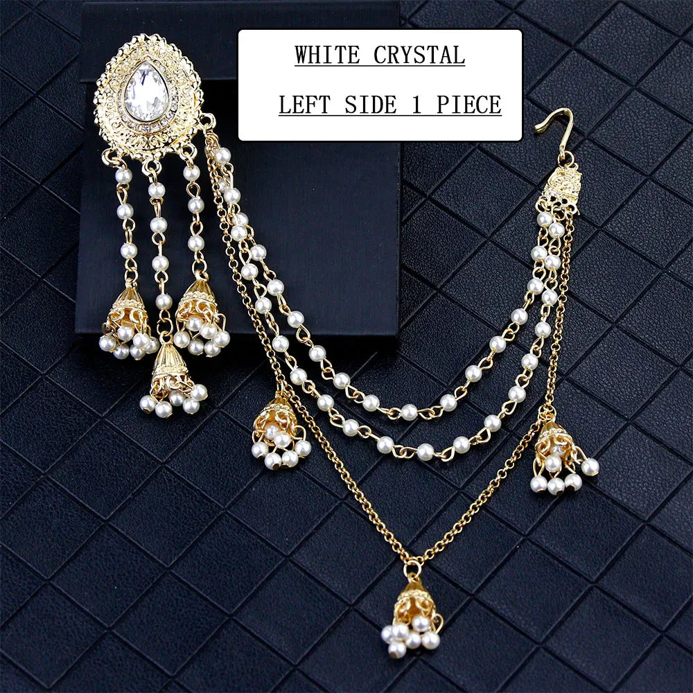 Sunspicems Fashion Indian Earring Link Headdress Jewelry Handmade Bead Chain With Metal Pendant Gold Color Bridal Bijoux Gift