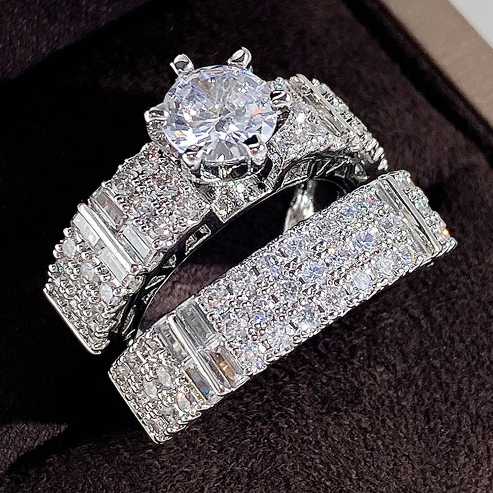 Huitan Set Lady Rings Luxury Wedding Engagement Party Finger Accessories Inlaid Shining Cubic Zirconia Graceful Fashion Jewelry