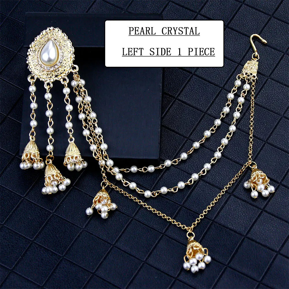 Sunspicems Fashion Indian Earring Link Headdress Jewelry Handmade Bead Chain With Metal Pendant Gold Color Bridal Bijoux Gift