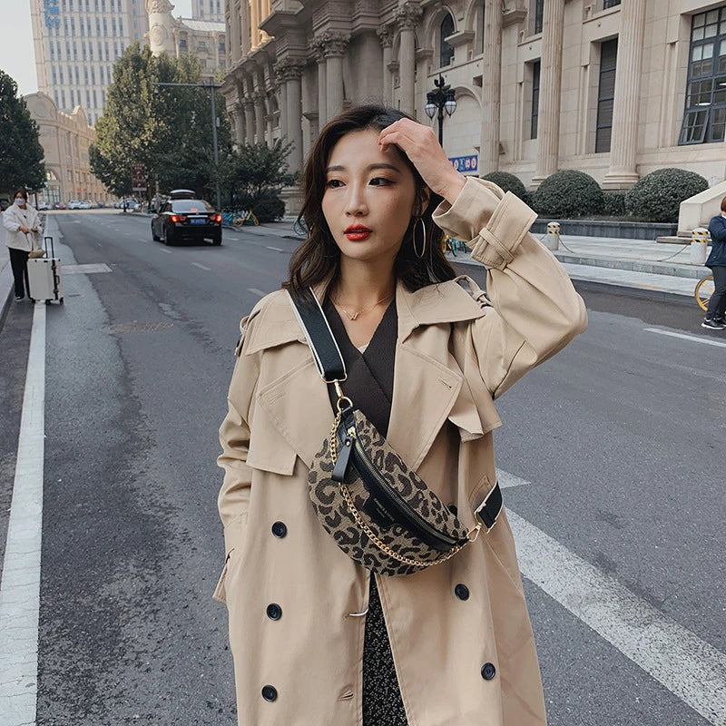 New Fashion Leopard Women Waist Bag Female Phone Purses Ladies Chest Wide Strap Crossbody Shoulder Bags Small Chain Fanny Packs