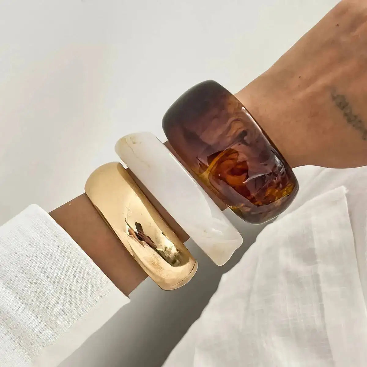 IngeSight.Z 3 Styles Trendy Exaggerated Resin Wide Bangles for Women Punk Gold Color Geometric Heavy Metal Bracelets Men Jewelry