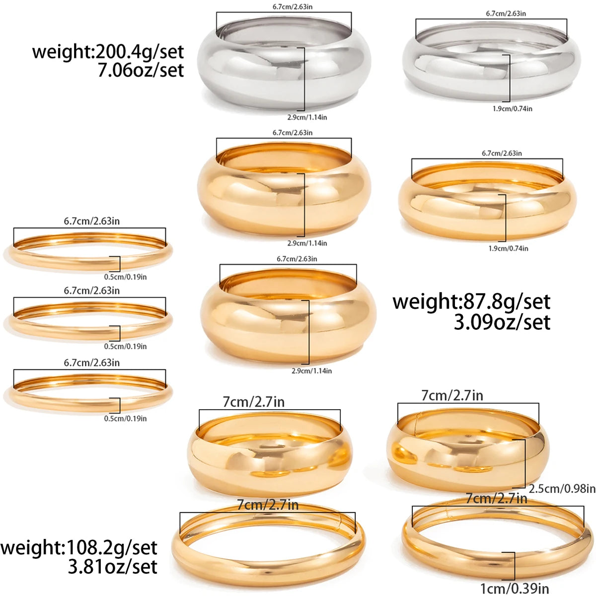 Salircon 4Pcs/set Vintage Simple Round Chunky Bangles Women Punk Hip Hop Gold Color Geometric Wide Bangles Bracelet Jewelry Gift