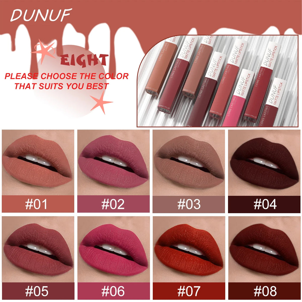 DUNUF 8 pcs matte color lasting lip gloss set three-dimensional plastic lips waterproof anti-sweat non-stick cup lipstick set