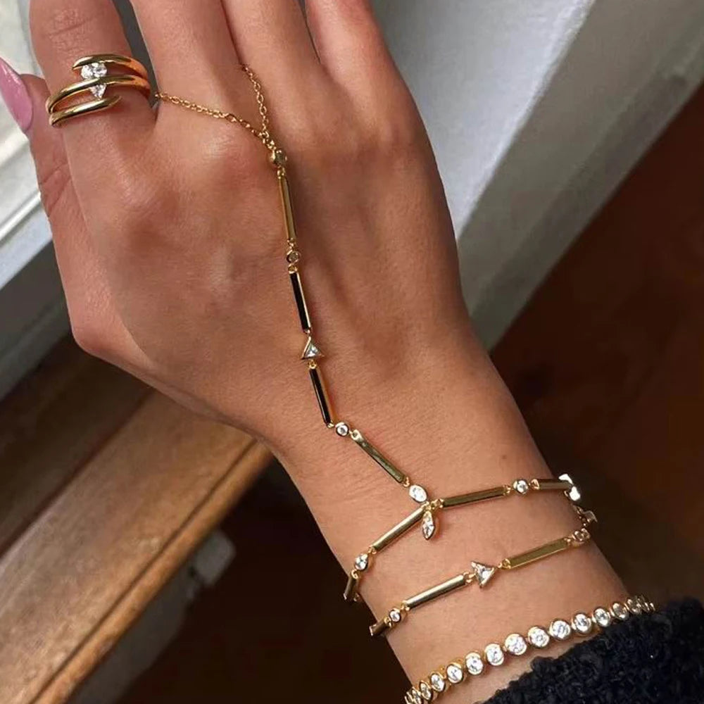 2025 New Micro Pave Clear CZ Tassel Hand Chain Bracelet Gold Color With Round CZ Station Double Chain Fashion Women Jewelry