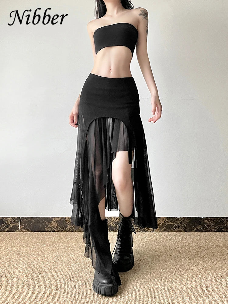 Nibber 2024 Summer Solid Color Simple All-match Casual Sexy Fimbriate High Street Trendy Cool Women's Laminated Ruffled Skirt