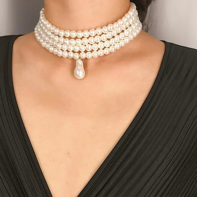 Multi Layer Pearl Necklace Fashionable Four Layer Collarbone Chain Collar Exaggerated Personality Necklace Choker Accessory