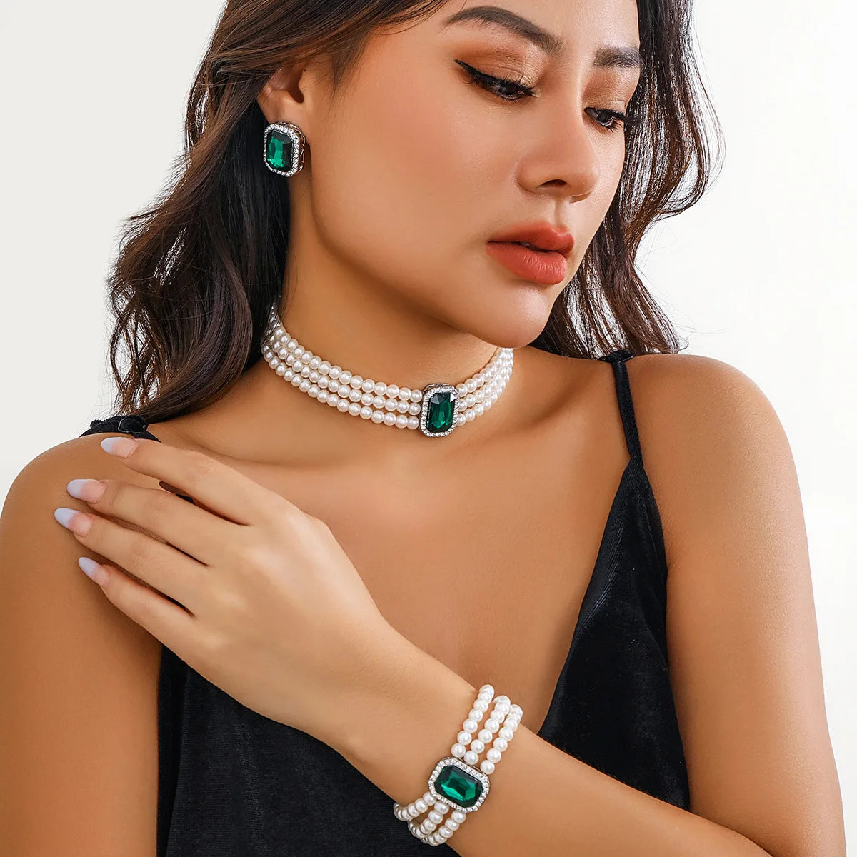 4PC Women's Fashion Light Luxury Short Style Imitation Pearl Turquoise Necklace Earrings Bracelet Jewelry Set Party Festival Gif