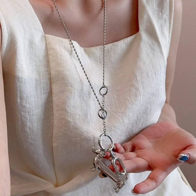 Minar Unique Design Smooth Surface Dachshund Cartoon Dog Pendant Necklaces for Women Silver Plated Long Beads Sweater Chain