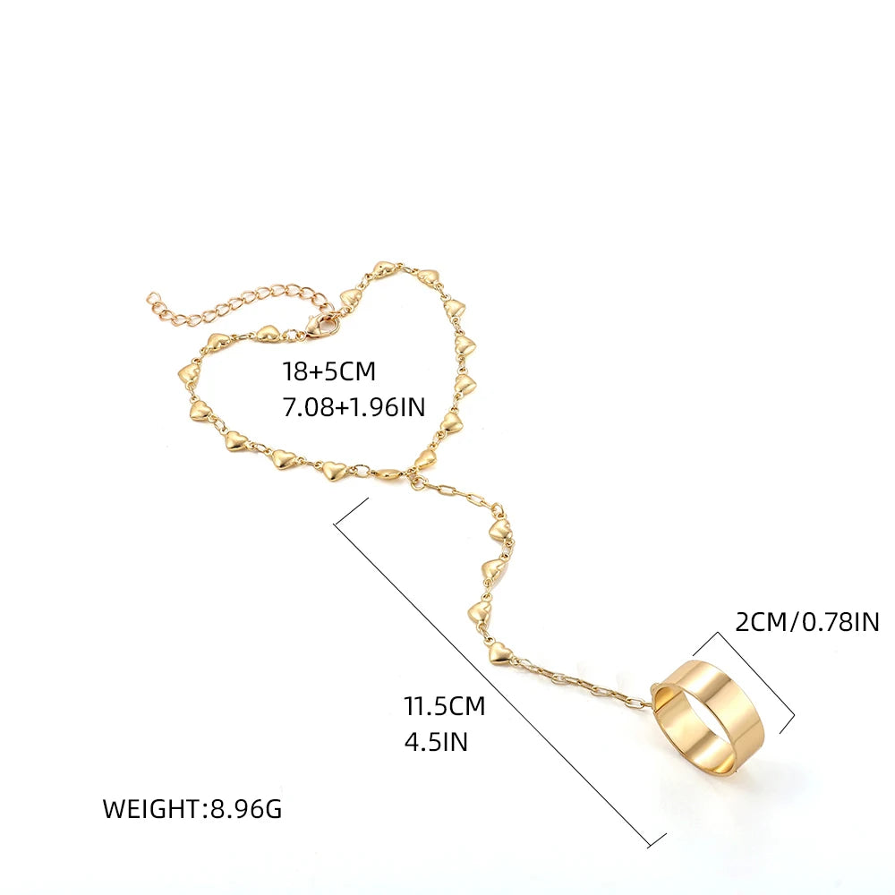 Simple Heart Pendant Chain Bracelet Link Connected Gold plated Wide Finger Ring Bracelets for Women Link Hand Harness Jewelry