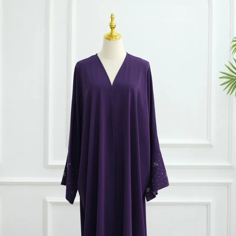 Luxury Dubai Abaya with Beaded Bow Modest Dress for Muslim Women Elegant Open Front Cover Cardigan Fashion Plain Turkey Outfit