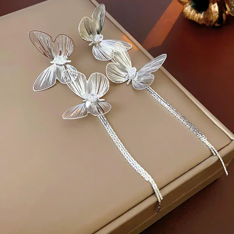 FTCY Exaggerated Butterfly Tassel Earrings for Women Vintage Gold Color Metal Hollow Drop Earrings Women's Jewelry Gifts