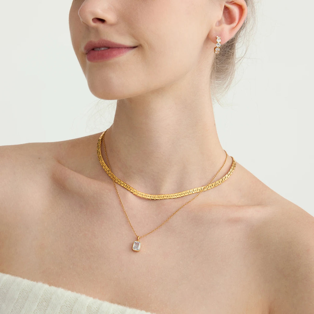 Uworld Minimalist White Zircon Geometric Pendant O-Chain Necklace Stainless Steel Stackable Chain Heart Pendant Necklace Women's