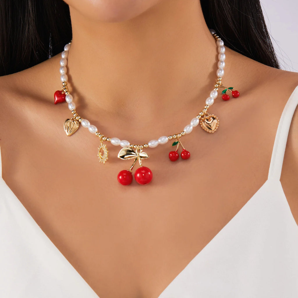 Dainty Sweet Fruit Cherry Heart Charms Pendant Necklace For Women Elegant Imitation Pearl Choker Neck Chain Jewelry Party Gift