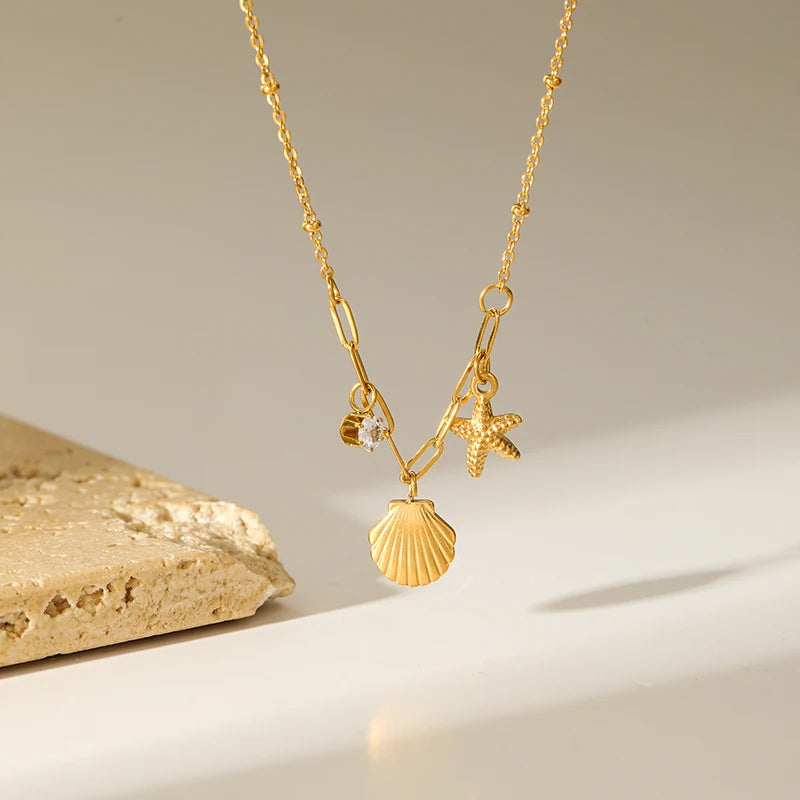 EILIECK 316L Stainless Steel Gold Color Shell Starfish Zircon Pendant Necklace For Women Fashion New Gift Neck Chain Jewelry