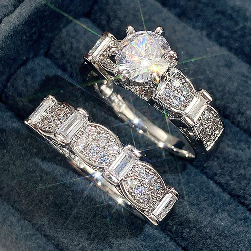Huitan Set Lady Rings Luxury Wedding Engagement Party Finger Accessories Inlaid Shining Cubic Zirconia Graceful Fashion Jewelry