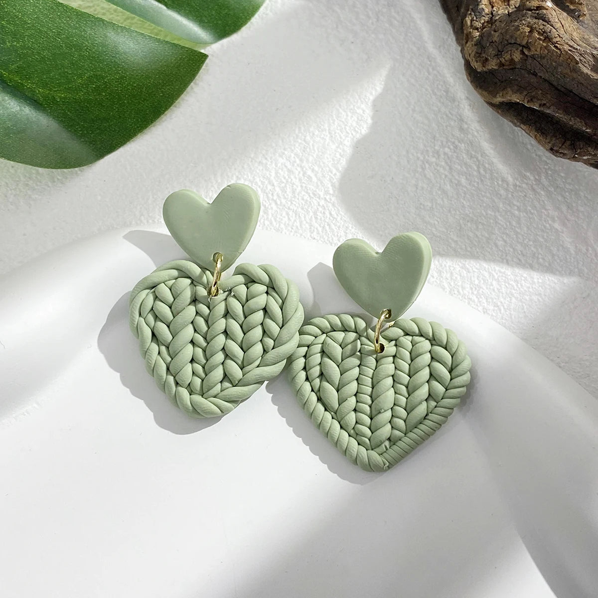 AENSOA Handmade Wooden Braided Polymer Clay Earrigns for Women Multicolor Unusual Knited Heart Geometric Drop Earrings Jewelry