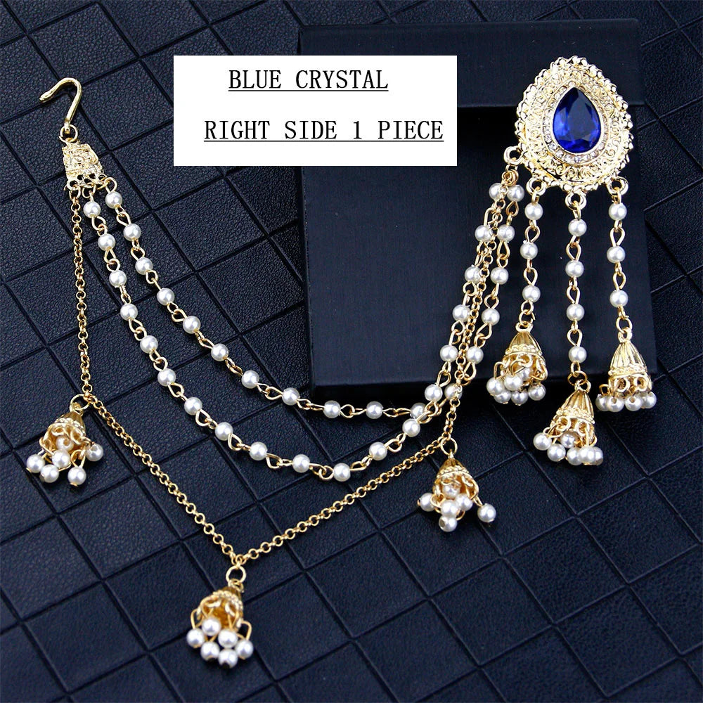 Sunspicems Fashion Indian Earring Link Headdress Jewelry Handmade Bead Chain With Metal Pendant Gold Color Bridal Bijoux Gift