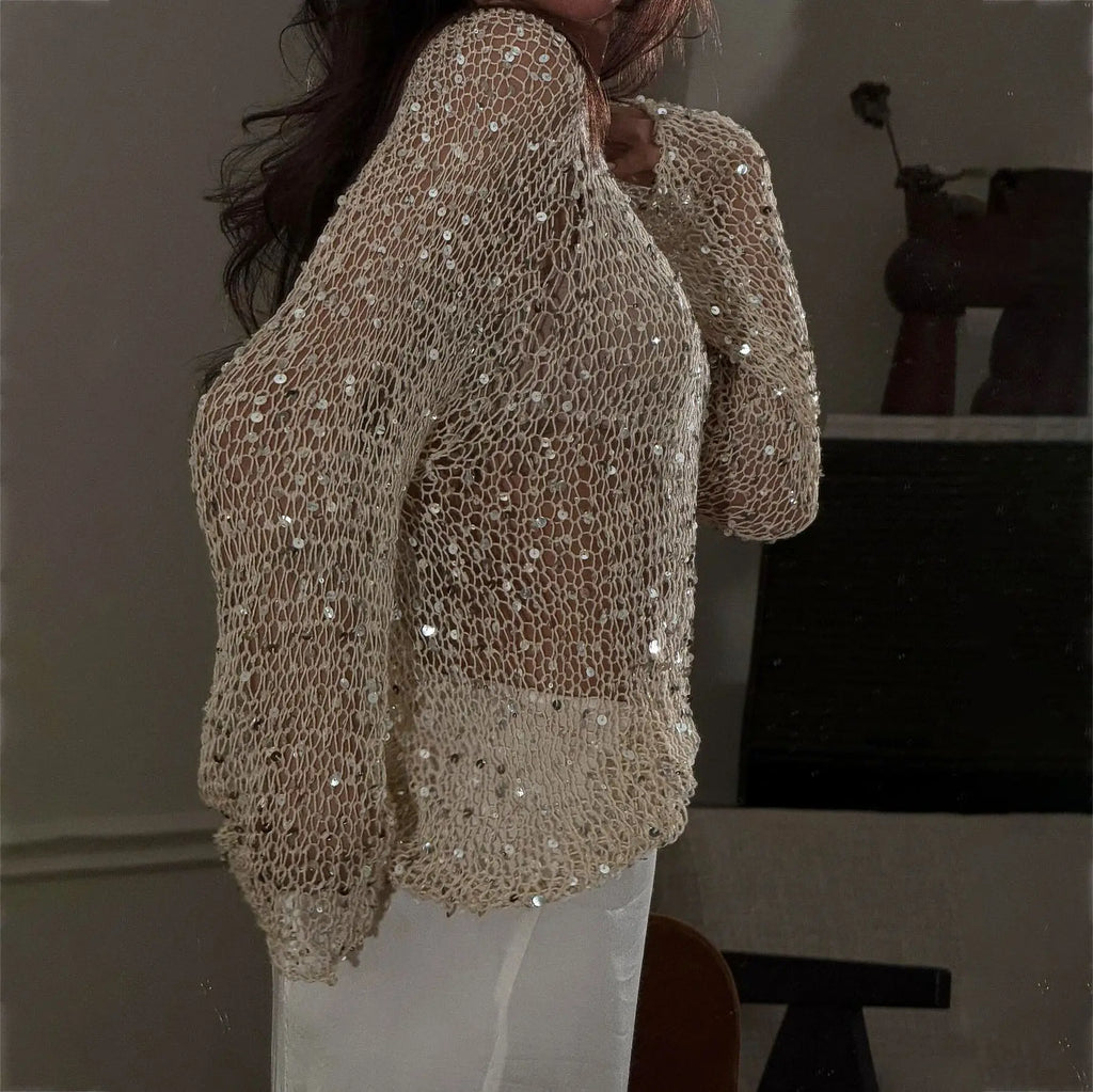 Sequined Knitting O-neck Pullover Women Elegant Hollow Out Design Long Sleeve 2025 Spring Evening Party Tops for Ladies