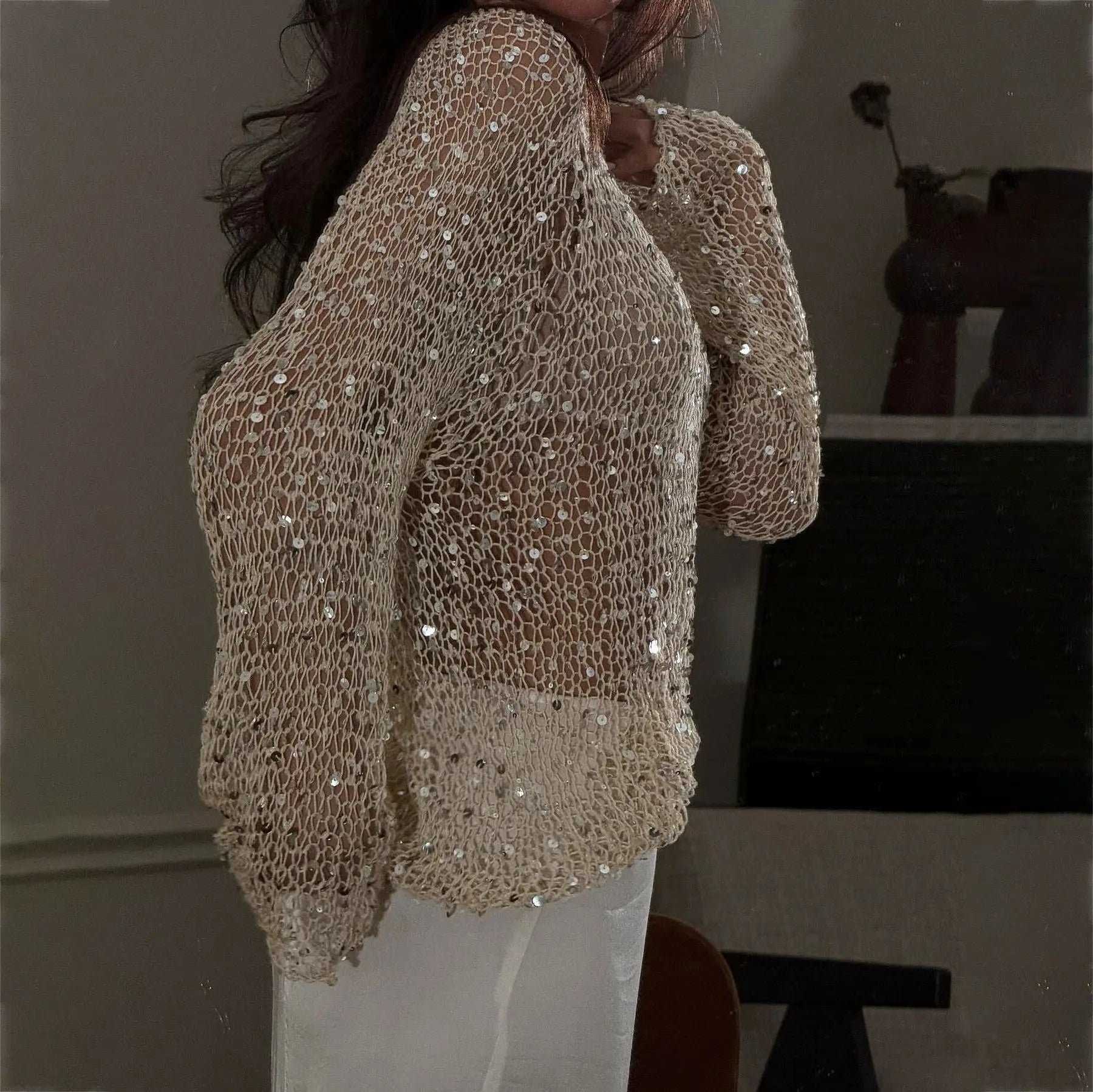 Sequined Knitting O-neck Pullover Women Elegant Hollow Out Design Long Sleeve 2025 Spring Evening Party Tops for Ladies