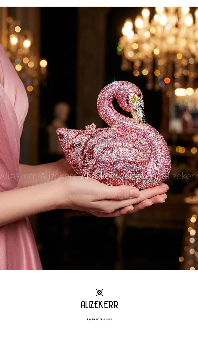 Alizekerr Swan Shaped Diamond Evening Bags New Gorgeous Sparkling Rhinestone Metallic Clutch Purses And Handbags Wedding Party