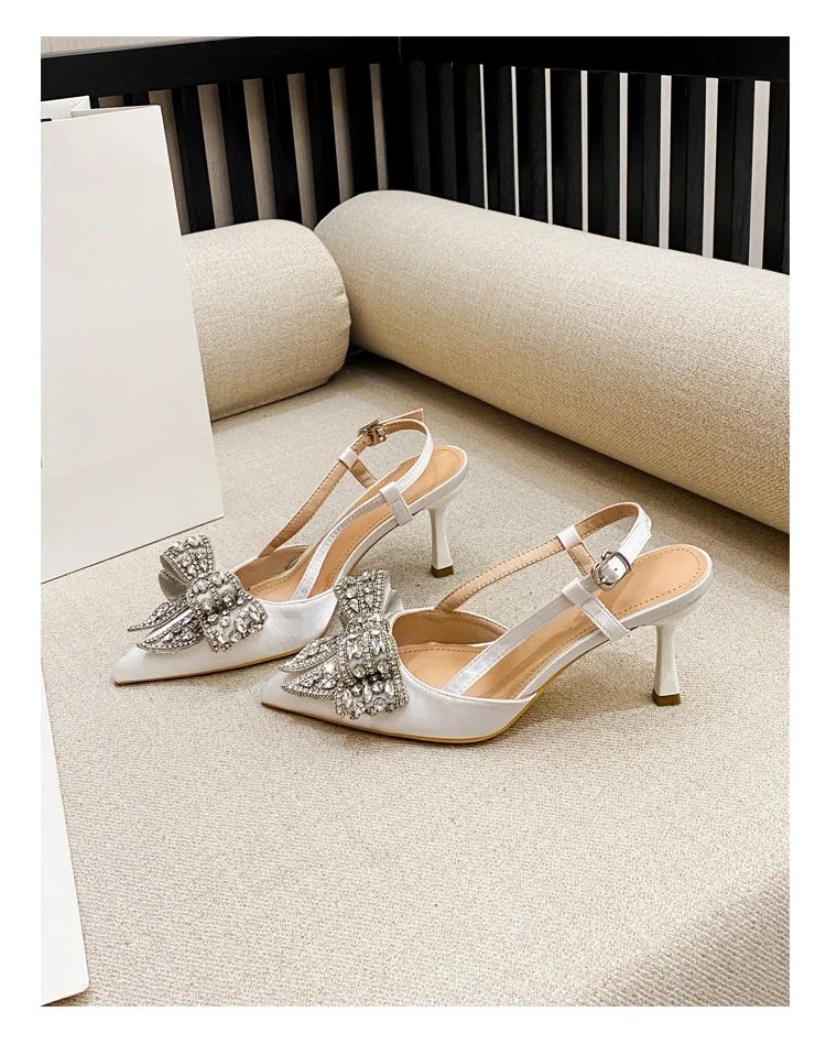 Aneikeh Pointed Toe Women Pumps Designer Crystal Butterfly-knot Elegant Slingbacks Buckle Strap High Heels Wedding Shoes