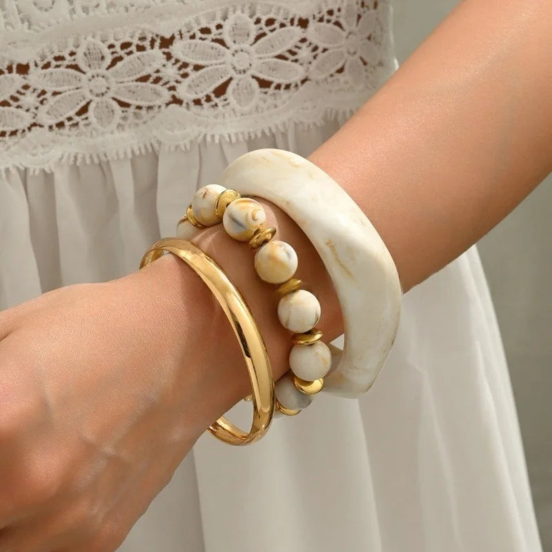 DIEZI One Set Exaggerated Resin Wide Bangles Bracelet Sets Vintage Fashion Beads Strand Bracelet For Women Men Gift Jewelry