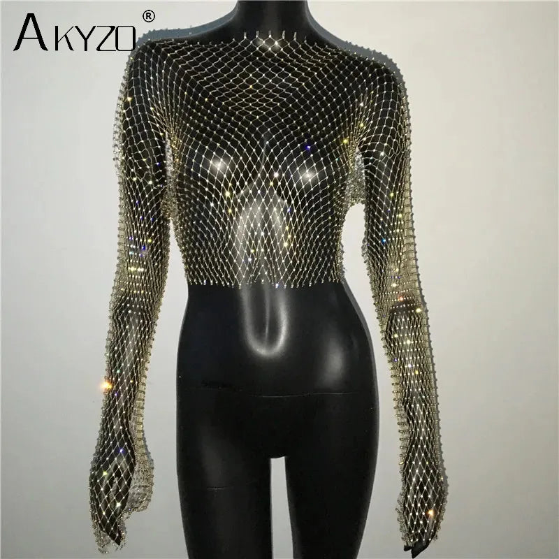 Autumn Women Sexy See Through Fishnet T Shirt Glitter Rhinestone Hollow Mesh Long Sleeve Crop Tops Nightclub Party Festival Top
