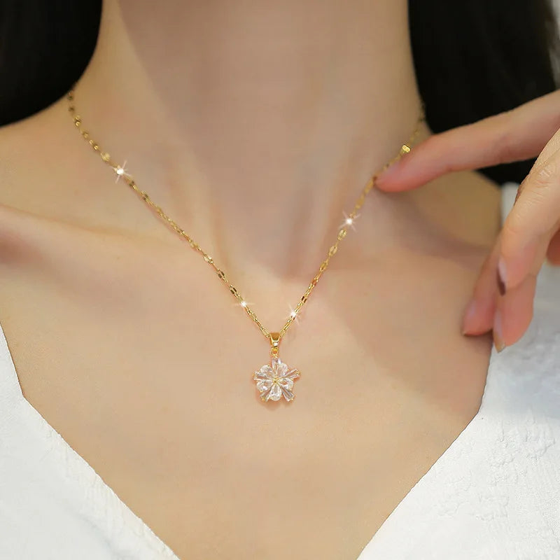 DIEYURO 316L Stainless Steel Lovely White Crystal Flower Charm Necklace Earrings For Women Girl New Trendy Jewelry Set Gift