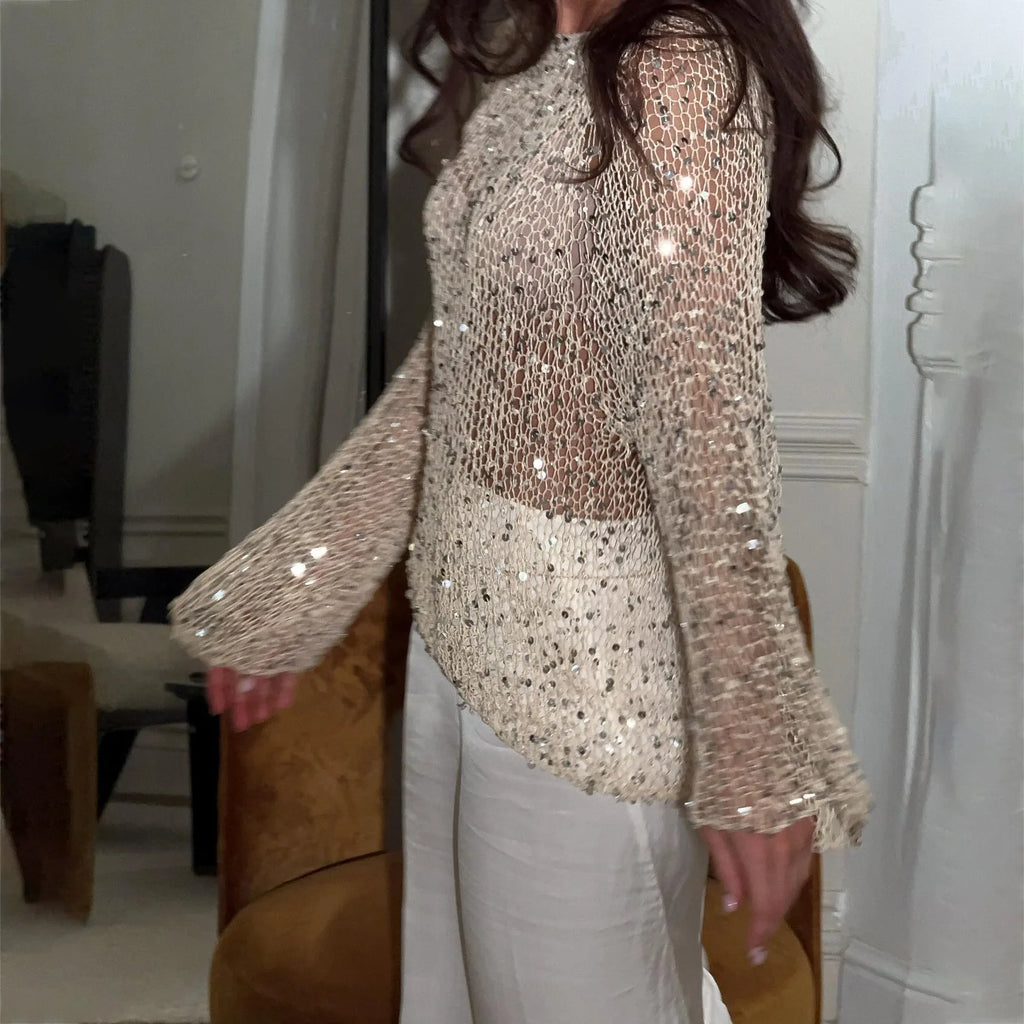 Sequined Knitting O-neck Pullover Women Elegant Hollow Out Design Long Sleeve 2025 Spring Evening Party Tops for Ladies