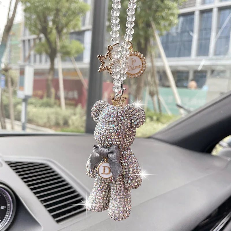 Cartoon Bear Bow Crystal Diamond Car Pendant Mirror Hanging Ornaments Bling Auto Interior Decoration for Men Women