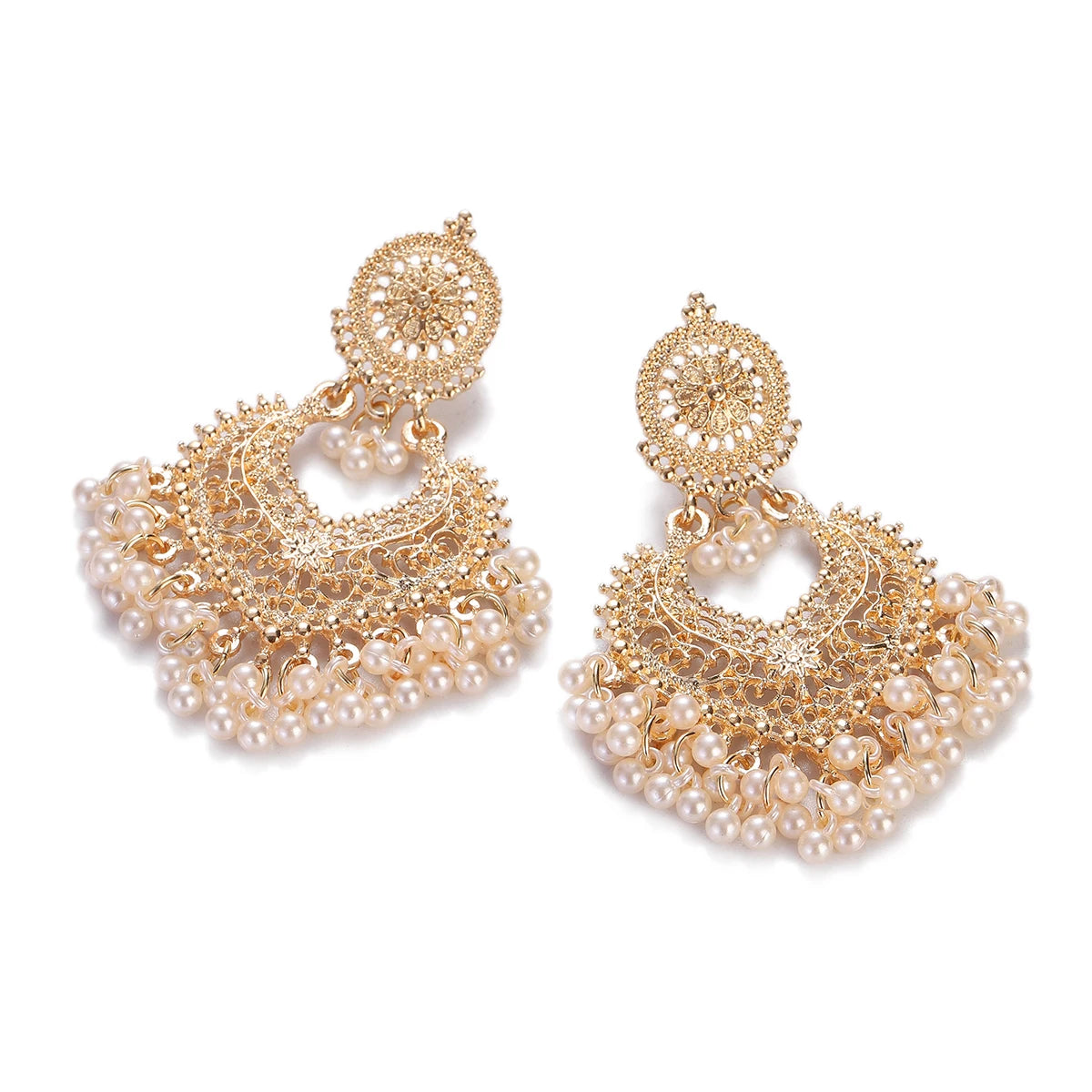 Boho Gold Color Heart Shape Carved Flower Dangle Earrings for Women Indian Jhumka Earrings