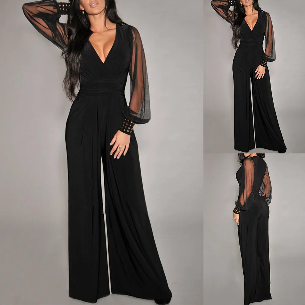 Fashion Deep V-neck Long-sleeved Waist Jumpsuit For Women Elegant Solid Color Lace Lantern Sleeves Loose Casual Jumpsuit Female