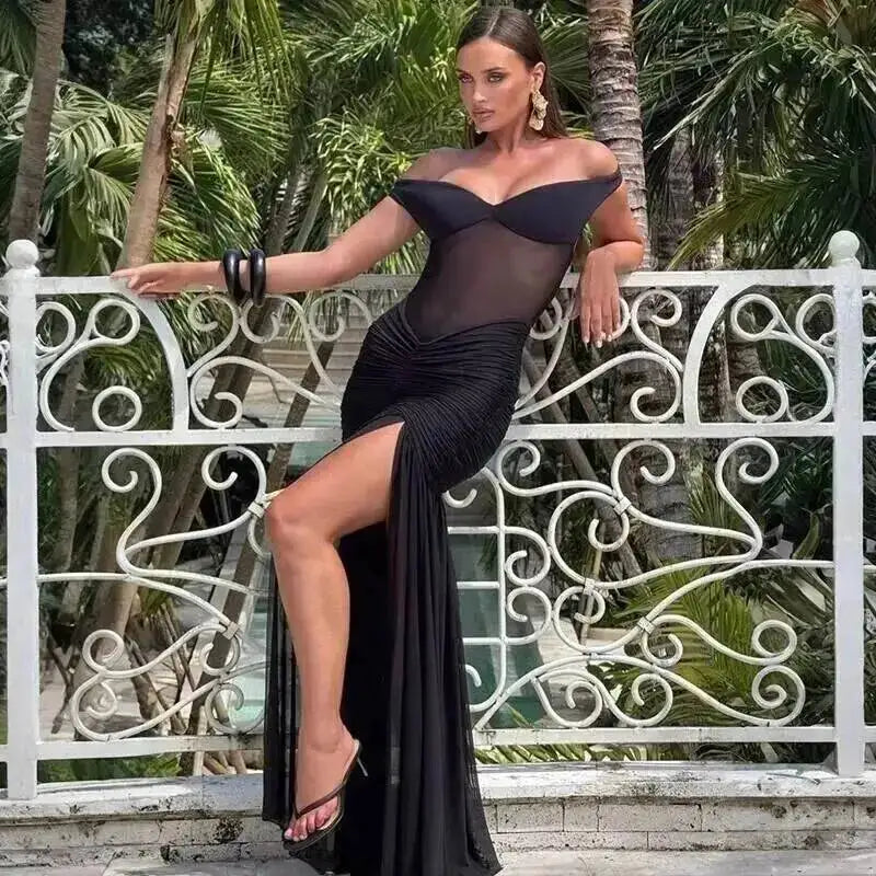 Townlike Pleated Slim Bodycon Maxi Long Dress Women Off Shoulder 2025 Autumn Winter Dress Lace Patchwork Sexy Party Dresses