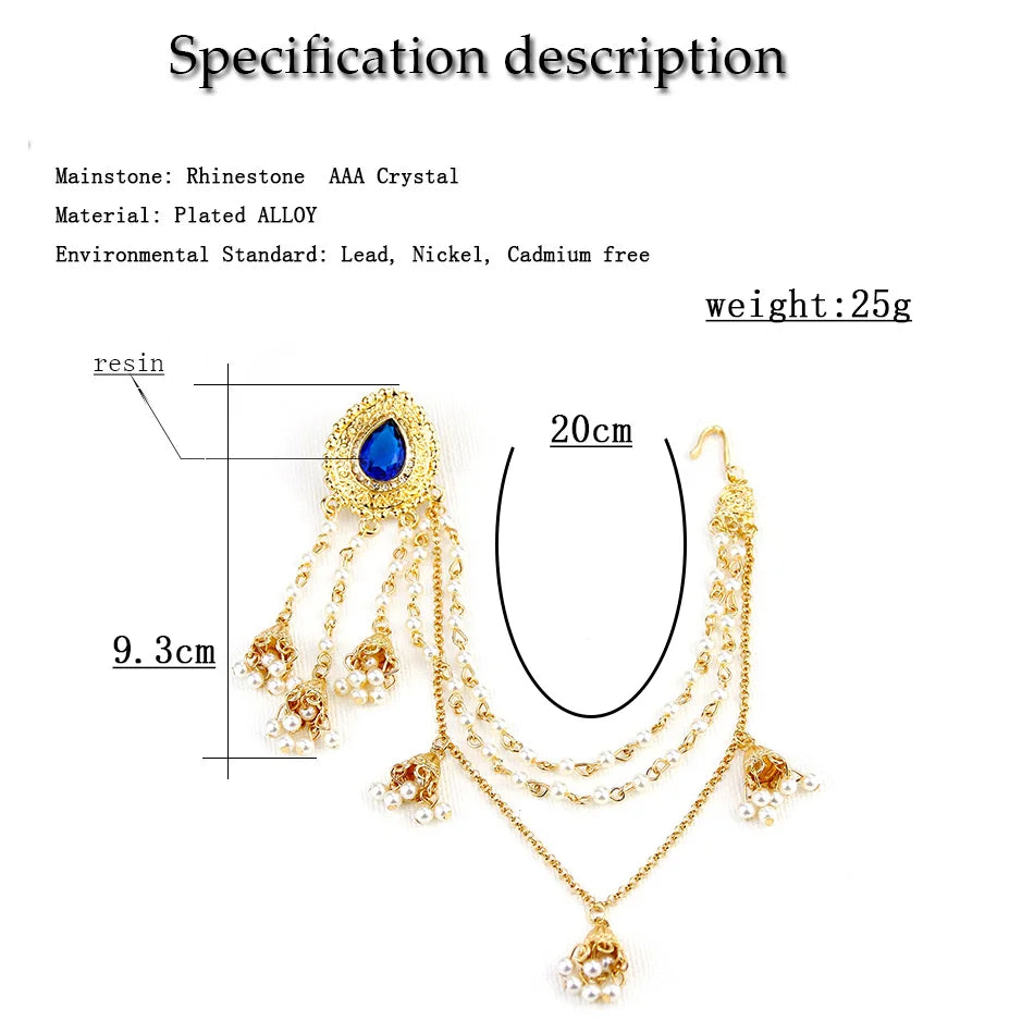 Sunspicems Fashion Indian Earring Link Headdress Jewelry Handmade Bead Chain With Metal Pendant Gold Color Bridal Bijoux Gift