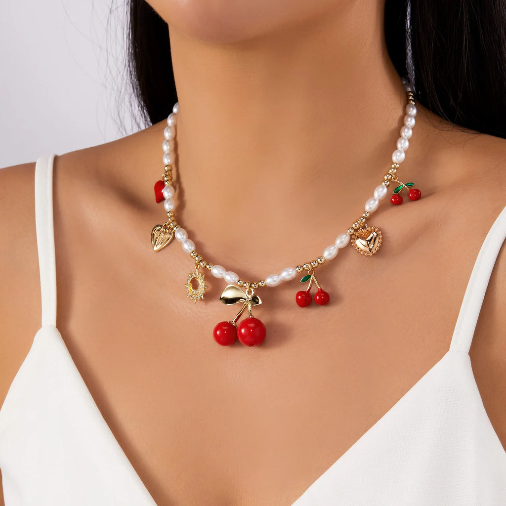 Dainty Sweet Fruit Cherry Heart Charms Pendant Necklace For Women Elegant Imitation Pearl Choker Neck Chain Jewelry Party Gift