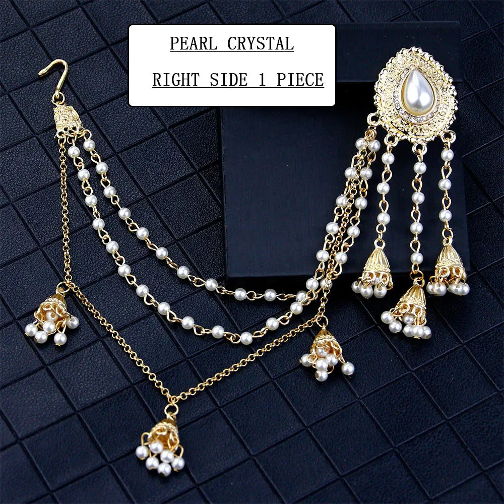 Sunspicems Fashion Indian Earring Link Headdress Jewelry Handmade Bead Chain With Metal Pendant Gold Color Bridal Bijoux Gift