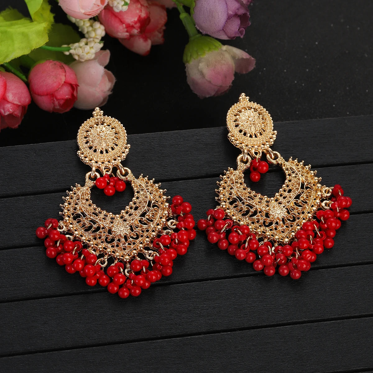 Boho Gold Color Heart Shape Carved Flower Dangle Earrings for Women Indian Jhumka Earrings