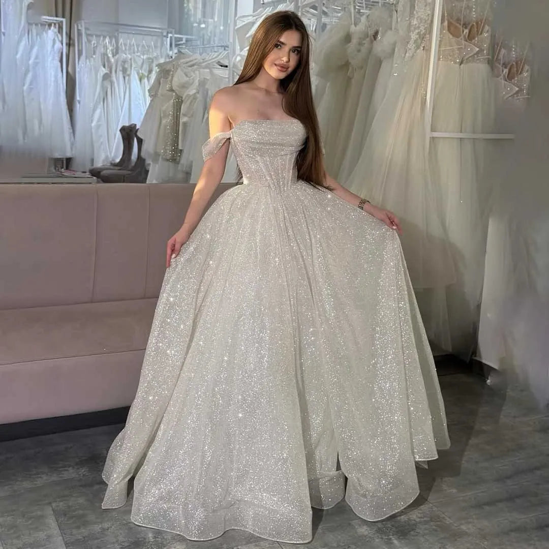Glitter Off the Shoulder Tulle Evening Dresses Boat-neck A-line Ruched Plain Prom Dress Luxurious Long Formal Party Ball Gowns