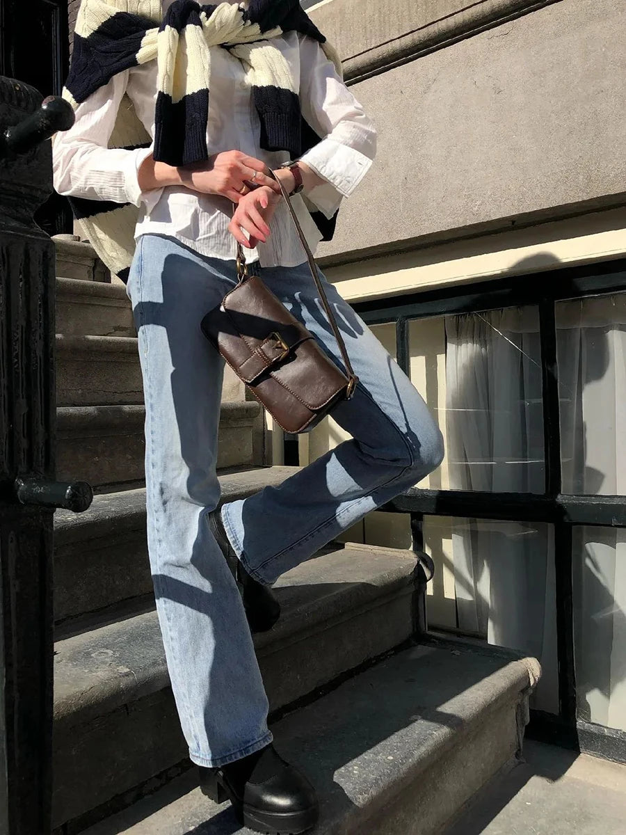 American Vintage Brown Pu Shoulder Bag Four Season High-Quality Buckle Decorate Ladies Handbag Streetwear Preppy Style Y2k Bags
