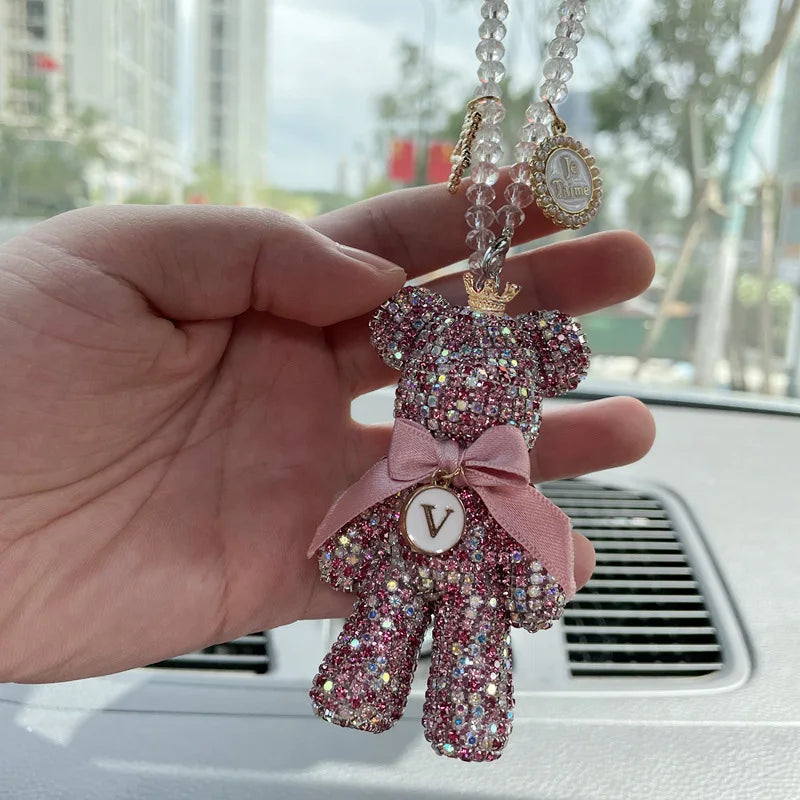 Cartoon Bear Bow Crystal Diamond Car Pendant Mirror Hanging Ornaments Bling Auto Interior Decoration for Men Women