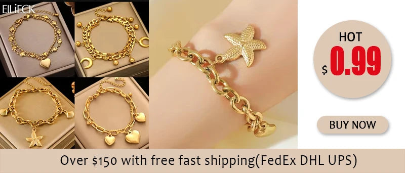 EILIECK 316L Stainless Steel Gold Color Starfish Moon Star Charm Bracelet For Women New Trendy Wrist Chain Jewelry Gift Party