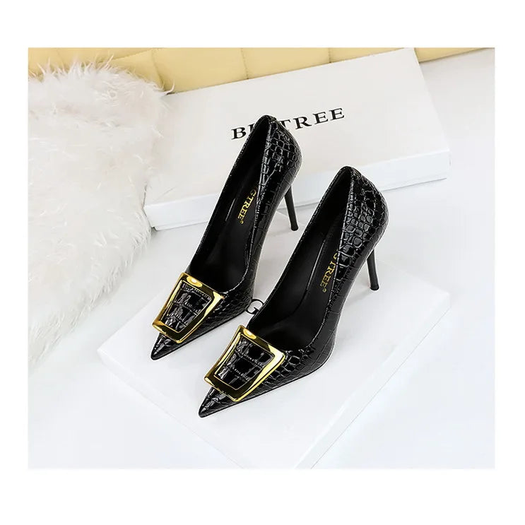BIGTREE Shoes Women 10 Cm Metal Buckle Ladies Pumps Luxury Women's Banquet Shoes Stilettos High Heels Women Sexy Party Shoes
