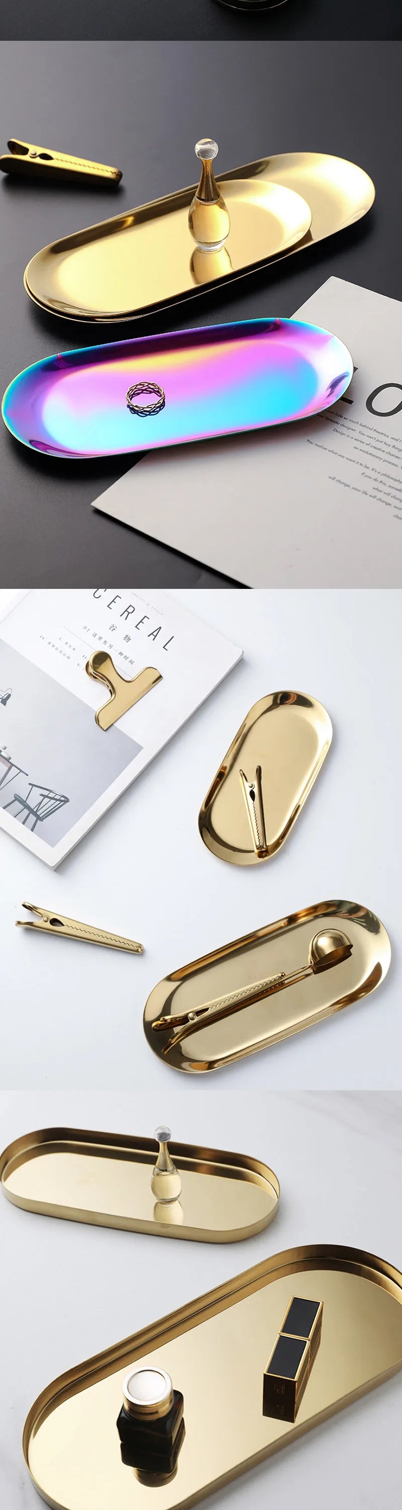 Stainless Steel European Oval Gold Tray Thickened Western Food Dessert Single Layer Flat Tray Jewelry Item Multi-Purpose Storage